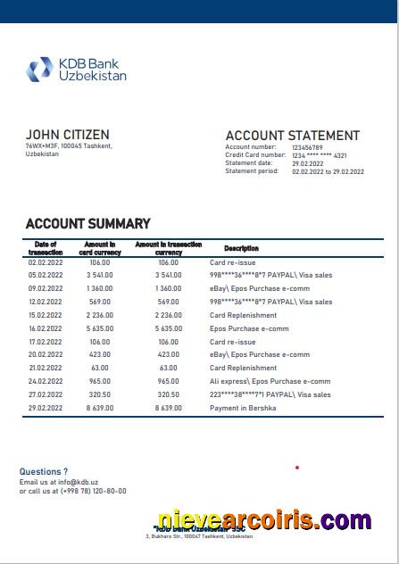 Uzbekistan KDB Bank statement in Word and PDF format